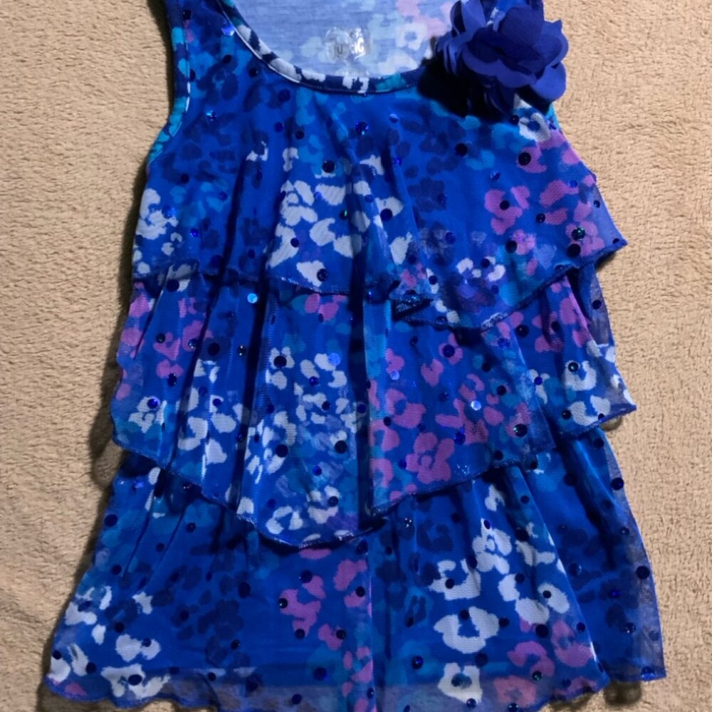Justice Girls 7 Blue Cheetah Print Layered TieredRuffle Sequins Mesh Tank Top‎